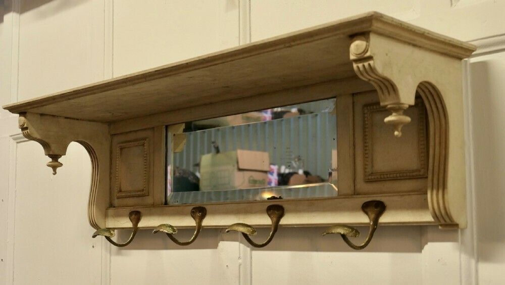 Arts And Crafts French Painted Wall Mirror With Shelf And Coat Hooks photo vinterior