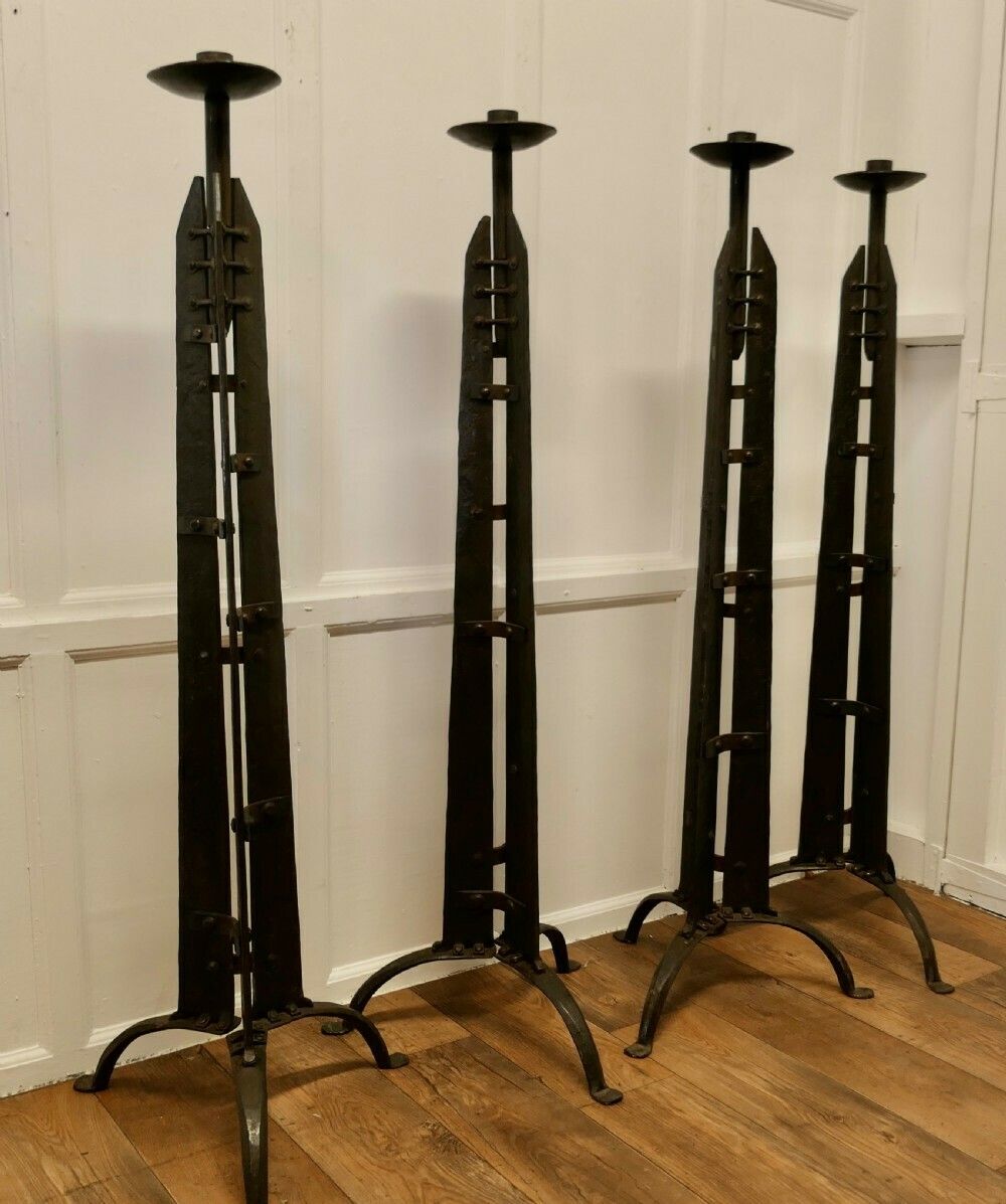 Set Of 4 Hand Forged Iron 5ft Floor Standing Cathedral Candle Sticks, photo for sale