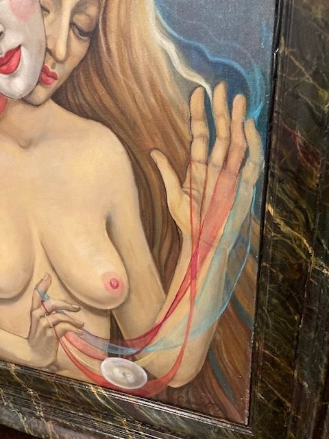 Surrealist Oil Painting On Canvas 20th Century Conchita Amata. "Woman And Masks" Size: 80 X 70 photo Art