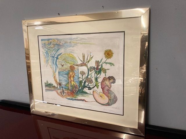 Surrealist Watercolor Etching Gordon Farghetter 1976 In Polished Brass Frame. photo furniture
