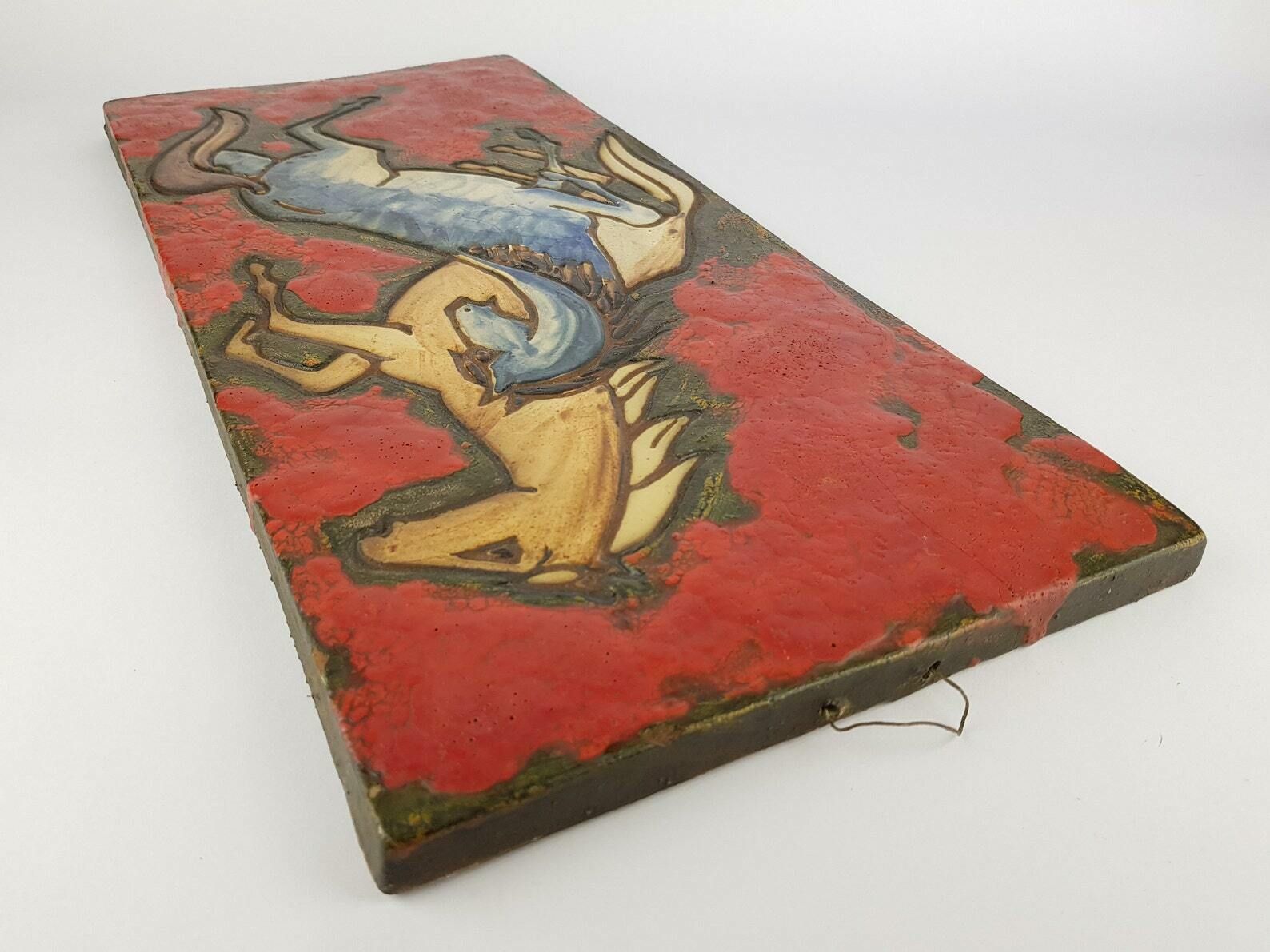Rare Vintage Red Ruscha Keramik Fat Lava Wall Plate With Horses 