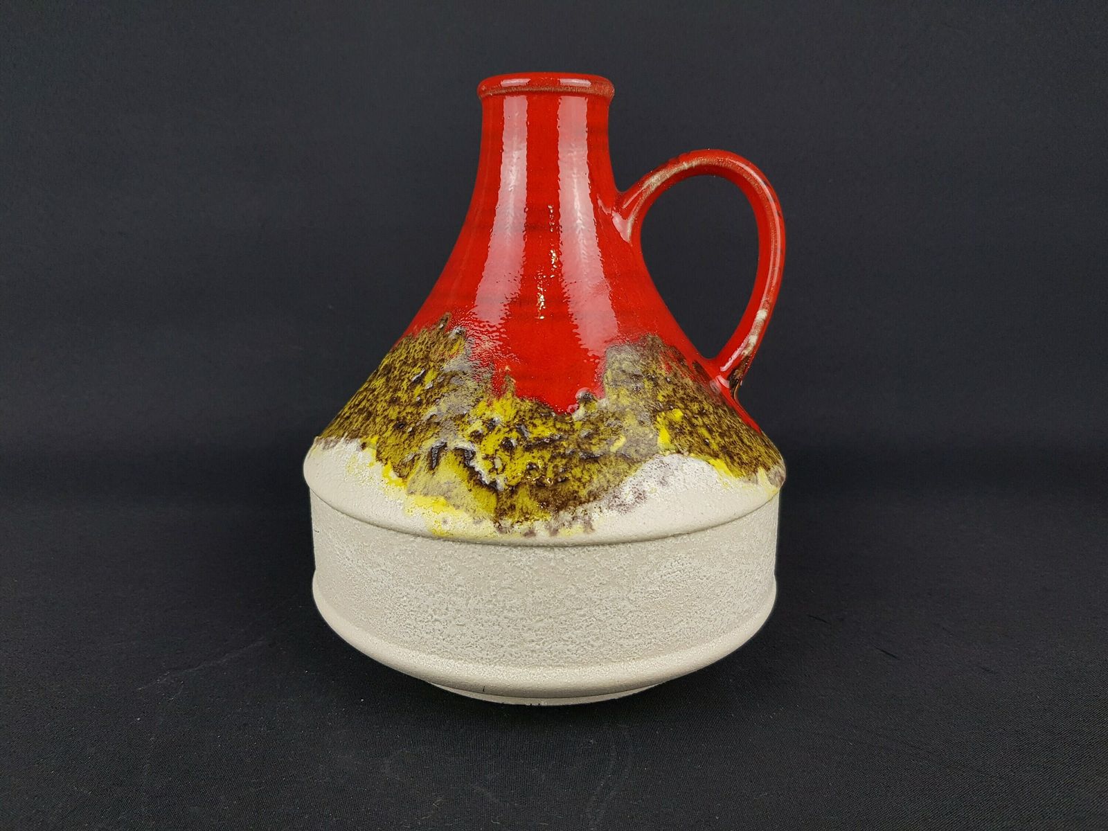 Vintage Red Yellow Beige Dumler Und Breiden Keramik Fat Lava Handled Vase 1970s