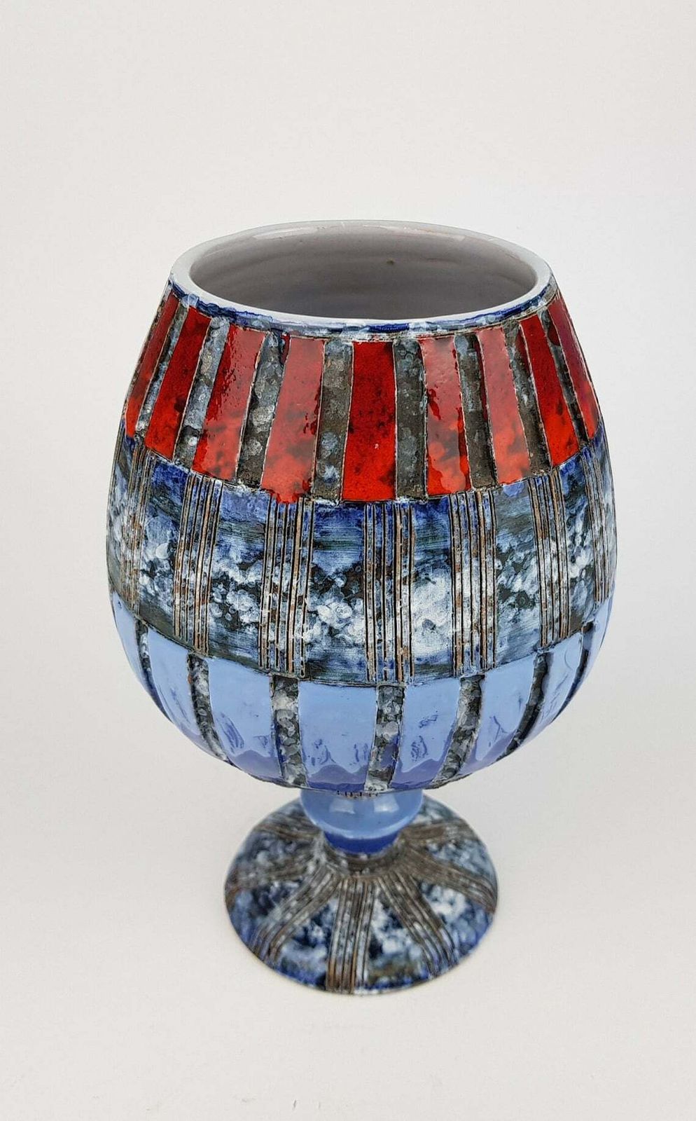 Vintage Blue Red Striped Chalice Goblet Planter Italian Pottery Attributed To Fratelli Fanciulacci 1960s photo for sale