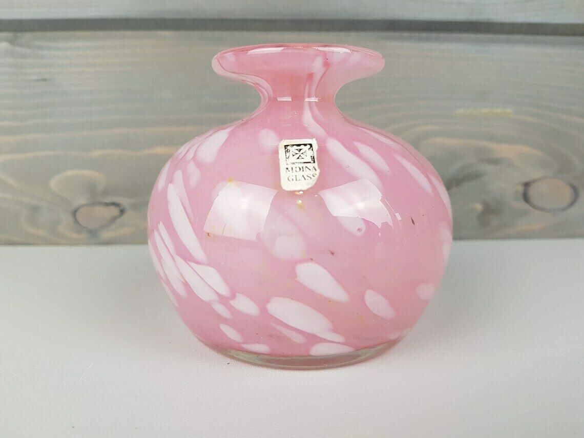Vintage Mdina Small Pink White Mottled Glass Vase From Malta 1970s, Signed And Labelled