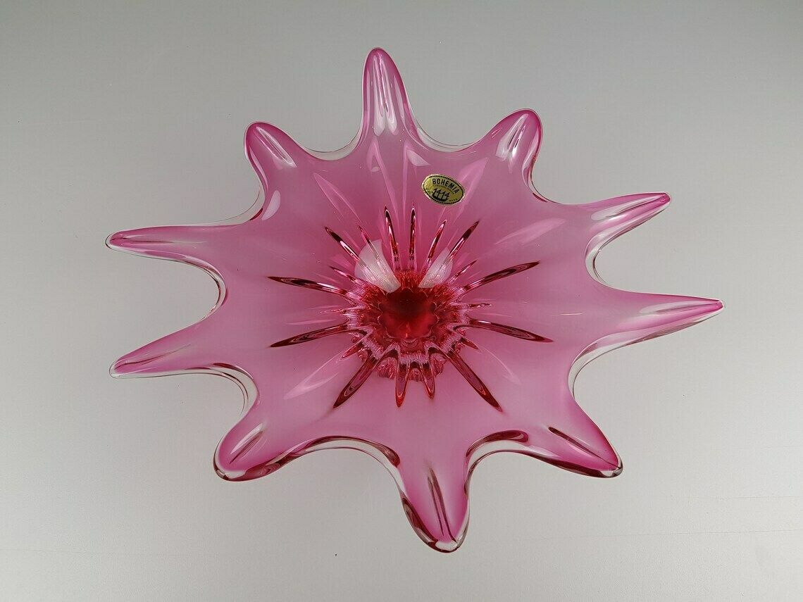 Vintage Chribska Glassworks Bohemian Cased Glass Pink Bowl By Josef Hospodka Czechoslovakia 1970s