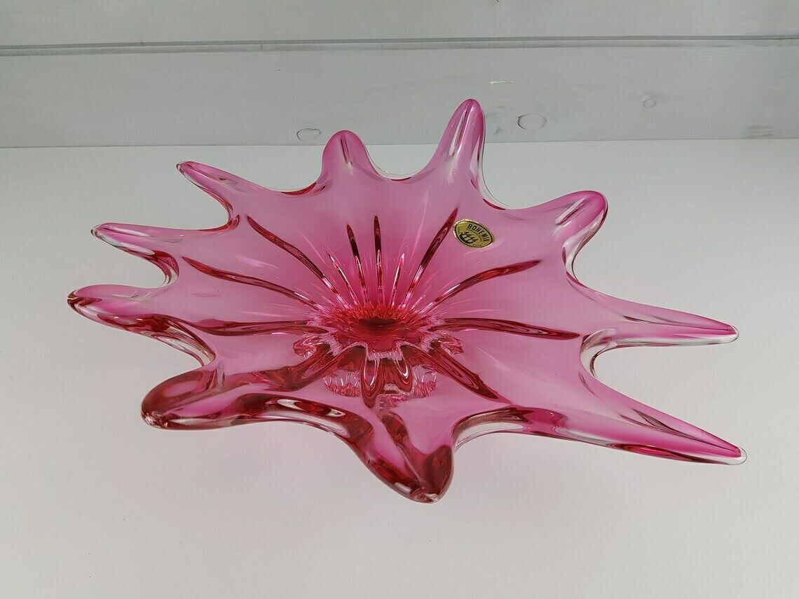 Vintage Chribska Glassworks Bohemian Cased Glass Pink Bowl By Josef Hospodka Czechoslovakia 1970s photo vintage