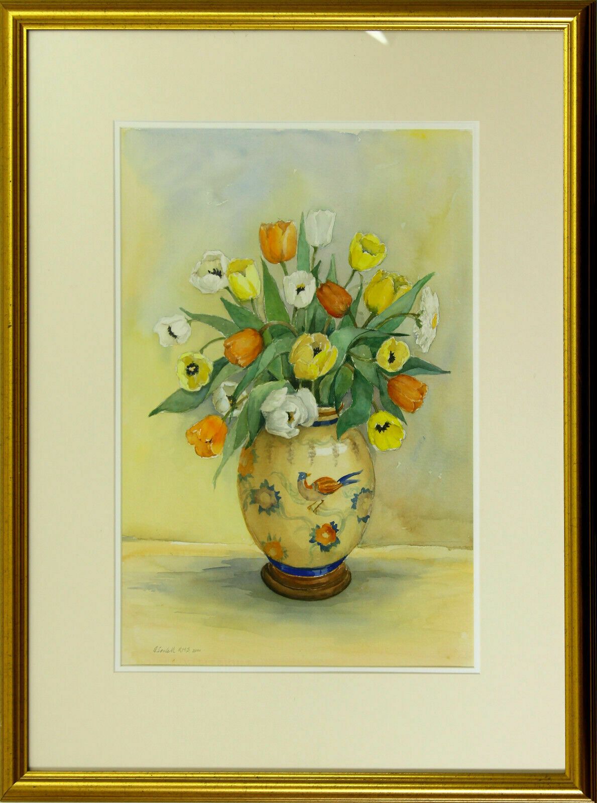 Watercolour By Sheila Sewell Rms. Vase Of Tulips