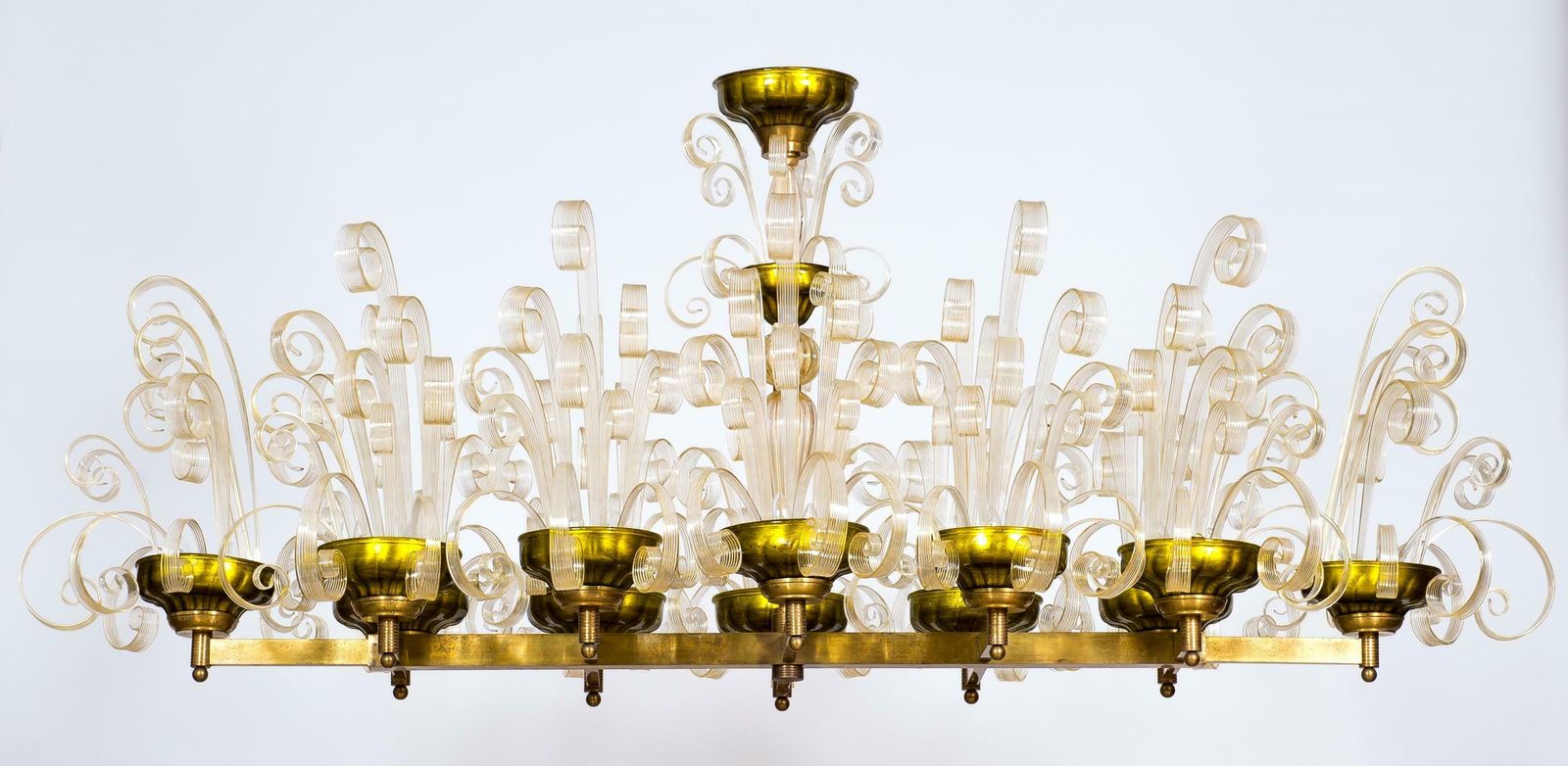 Pastorals Flush Mount In Gold Murano Glass And Green Italy 1970s photo for sale