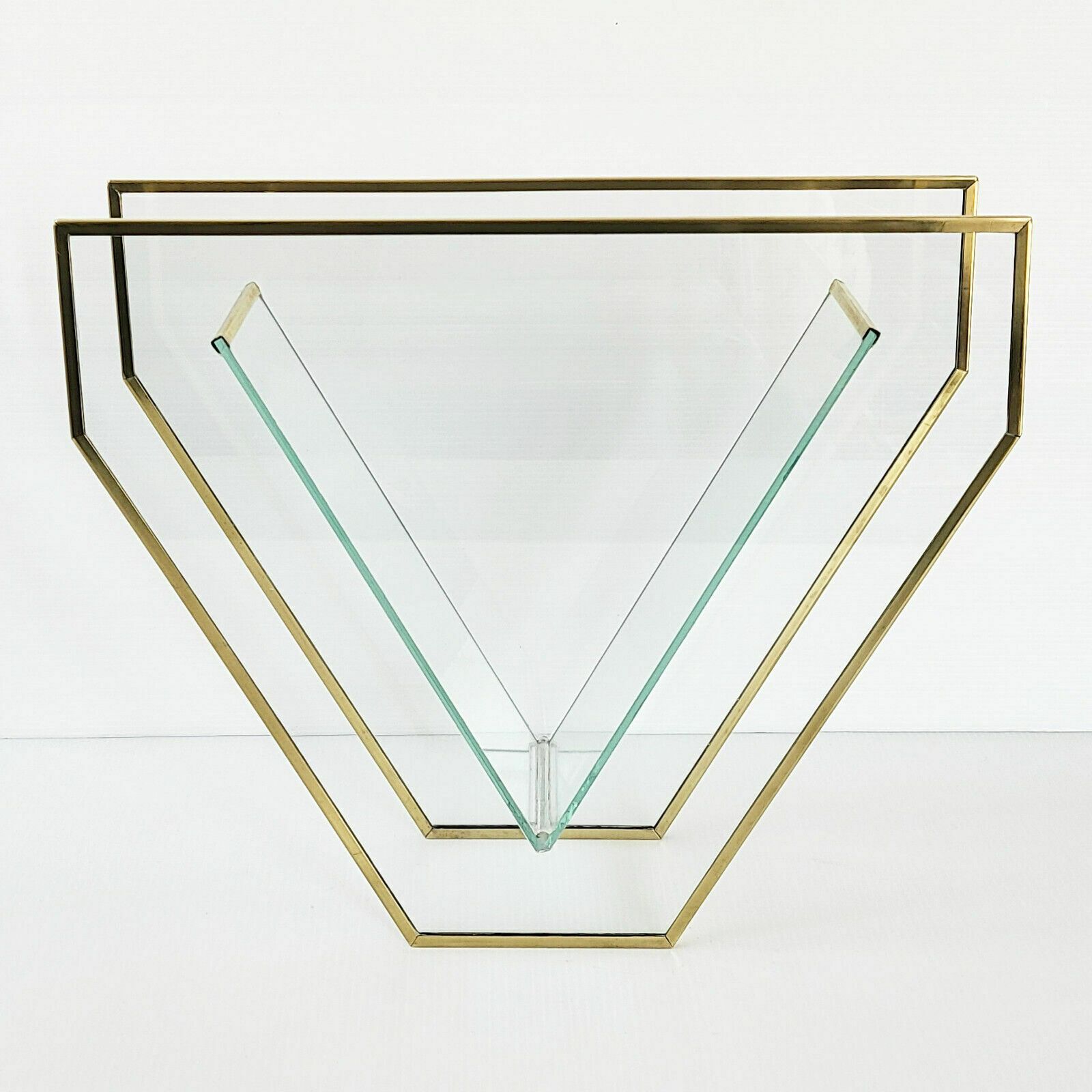 Magnificent Vintage Vase 1980 In Glass & Gold Brass Triangular Shape 80s 1980s photo furniture