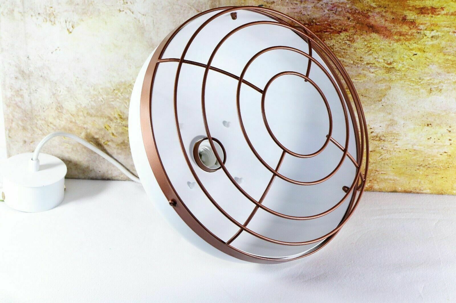 photo for sale Pair Of Italian Pendant Ceiling Lights Caged Lamps Metal Painted White & Gold