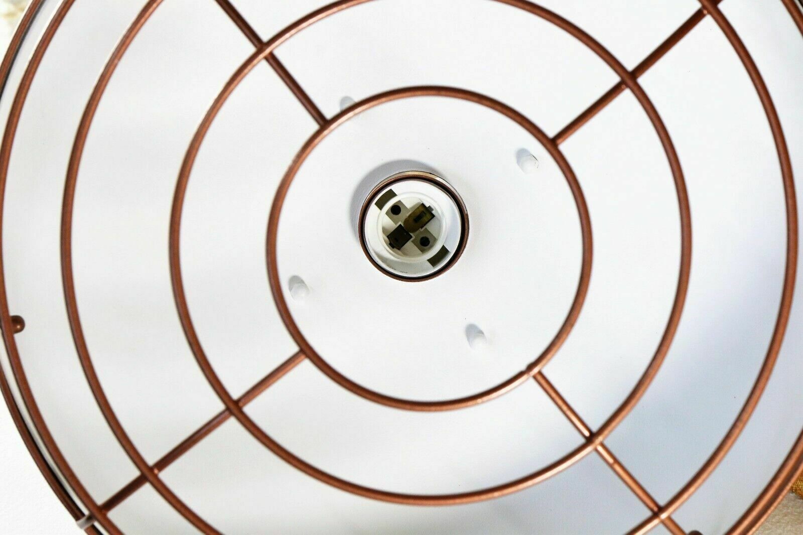 Lighting Pair Of Italian Pendant Ceiling Lights Caged Lamps Metal Painted White & Gold photo