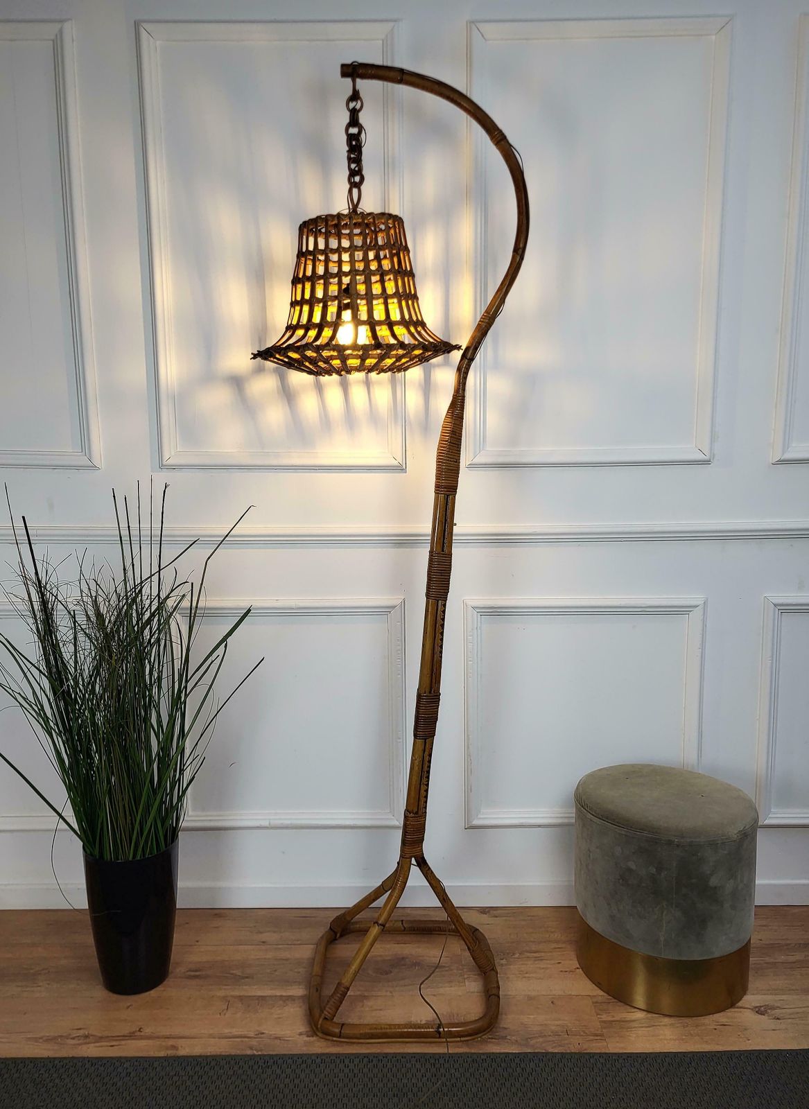 1960s Italian Bamboo Rattan Bohemian Modernist Tall Floor Lamp Hanging Lantern photo for sale