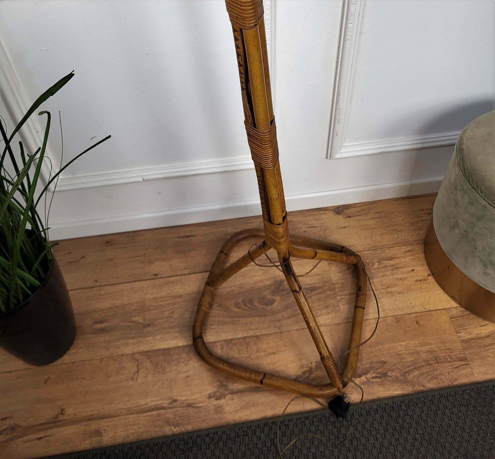 1960s Italian Bamboo Rattan Bohemian Modernist Tall Floor Lamp Hanging Lantern photo vintage