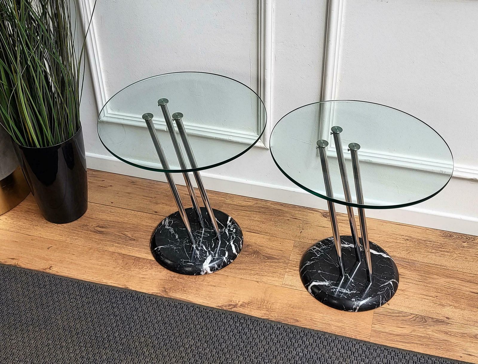 Pair Of Italian Black Marble Base Metal Glass Top Side Tables Or Bedside Tables photo for sale