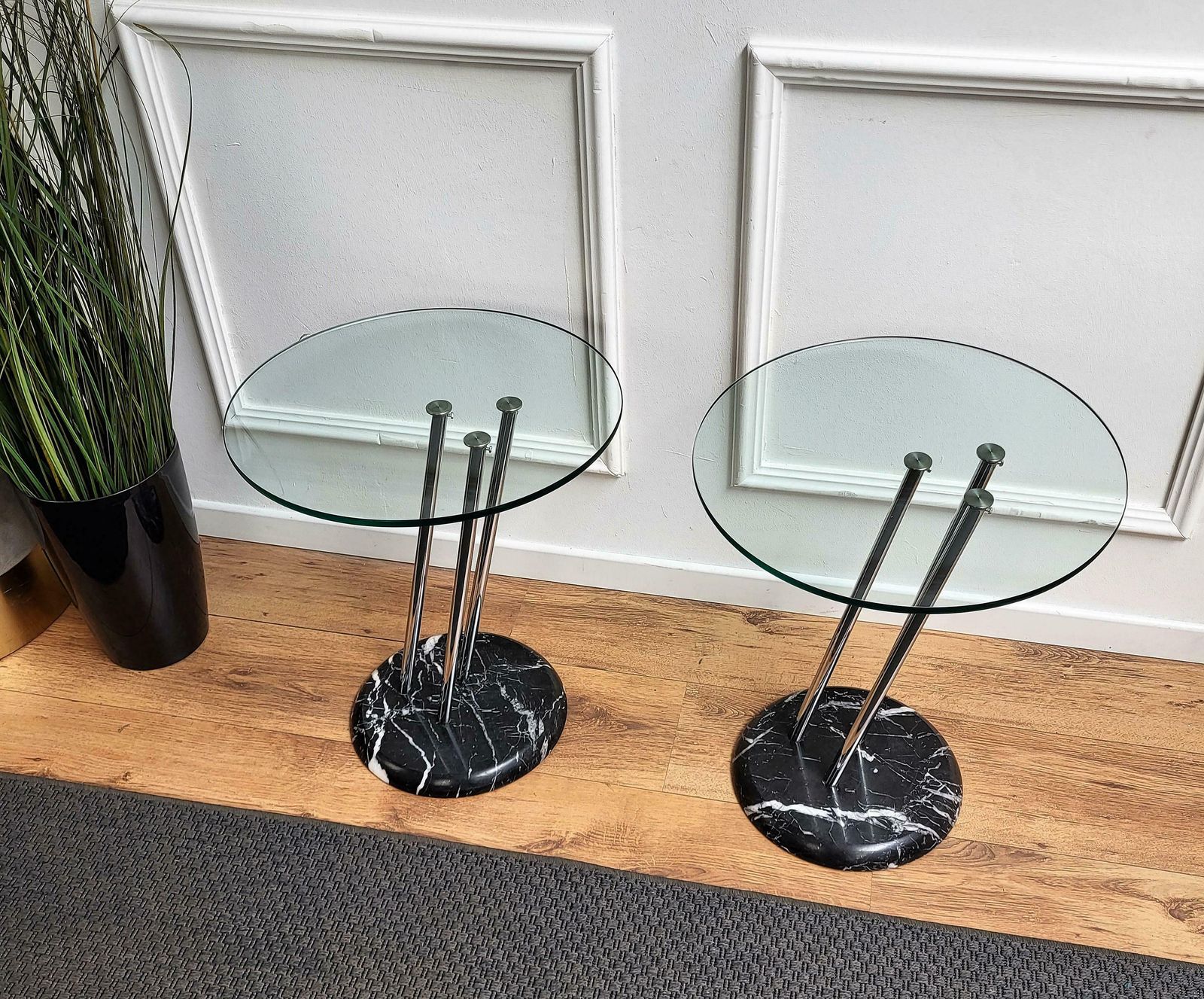 Pair Of Italian Black Marble Base Metal Glass Top Side Tables Or Bedside Tables photo 1506.0