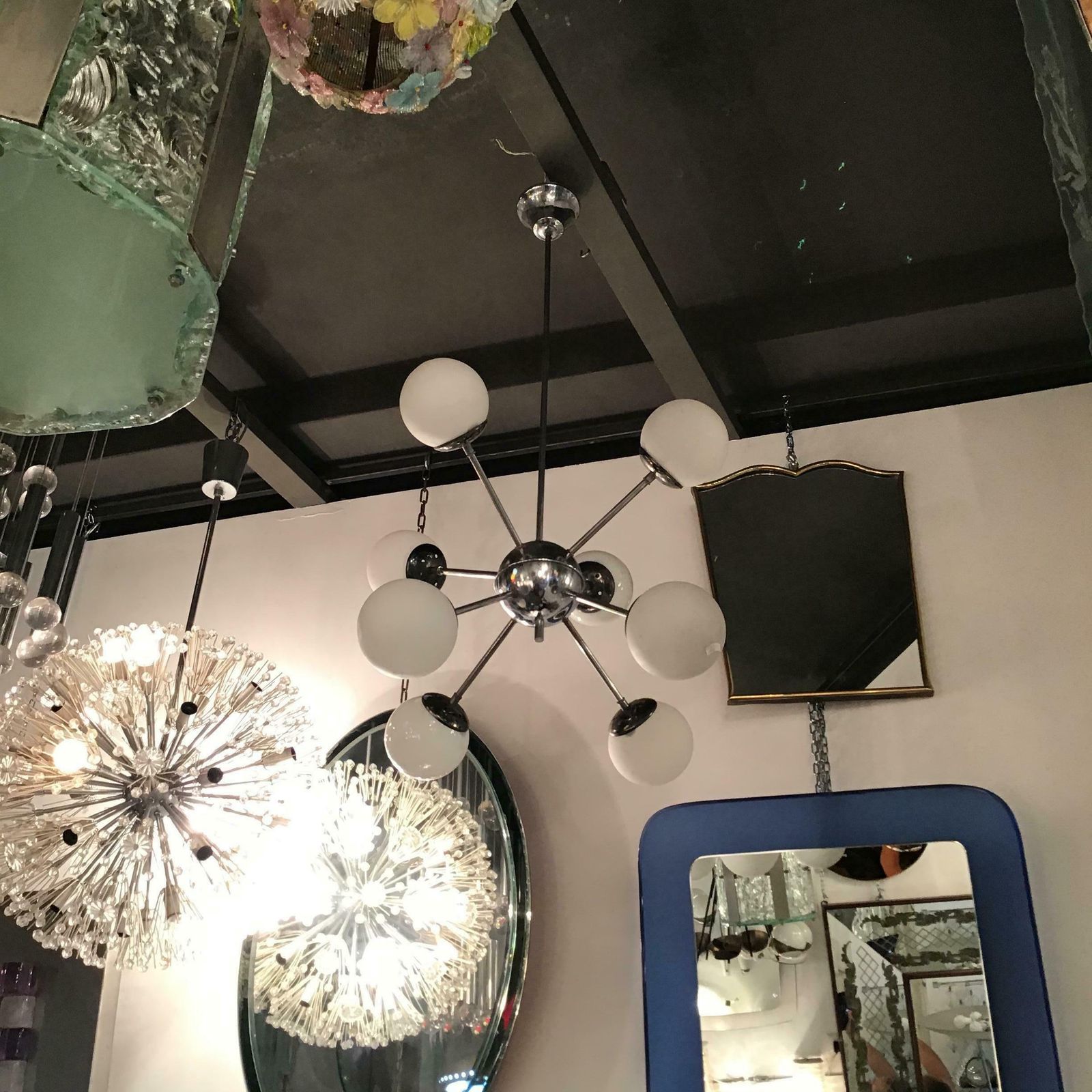 Stilnovo Chandelier 8 Light Metal Crome Opal Glass Or Shiny Glass 1958 Italy photo furniture