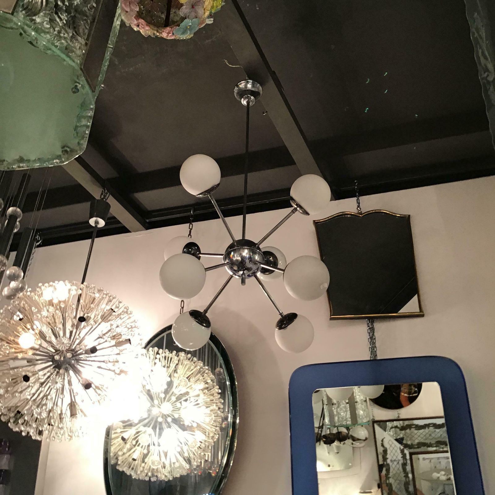 Stilnovo Chandelier 8 Light Metal Crome Opal Glass Or Shiny Glass 1958 Italy photo vinterior