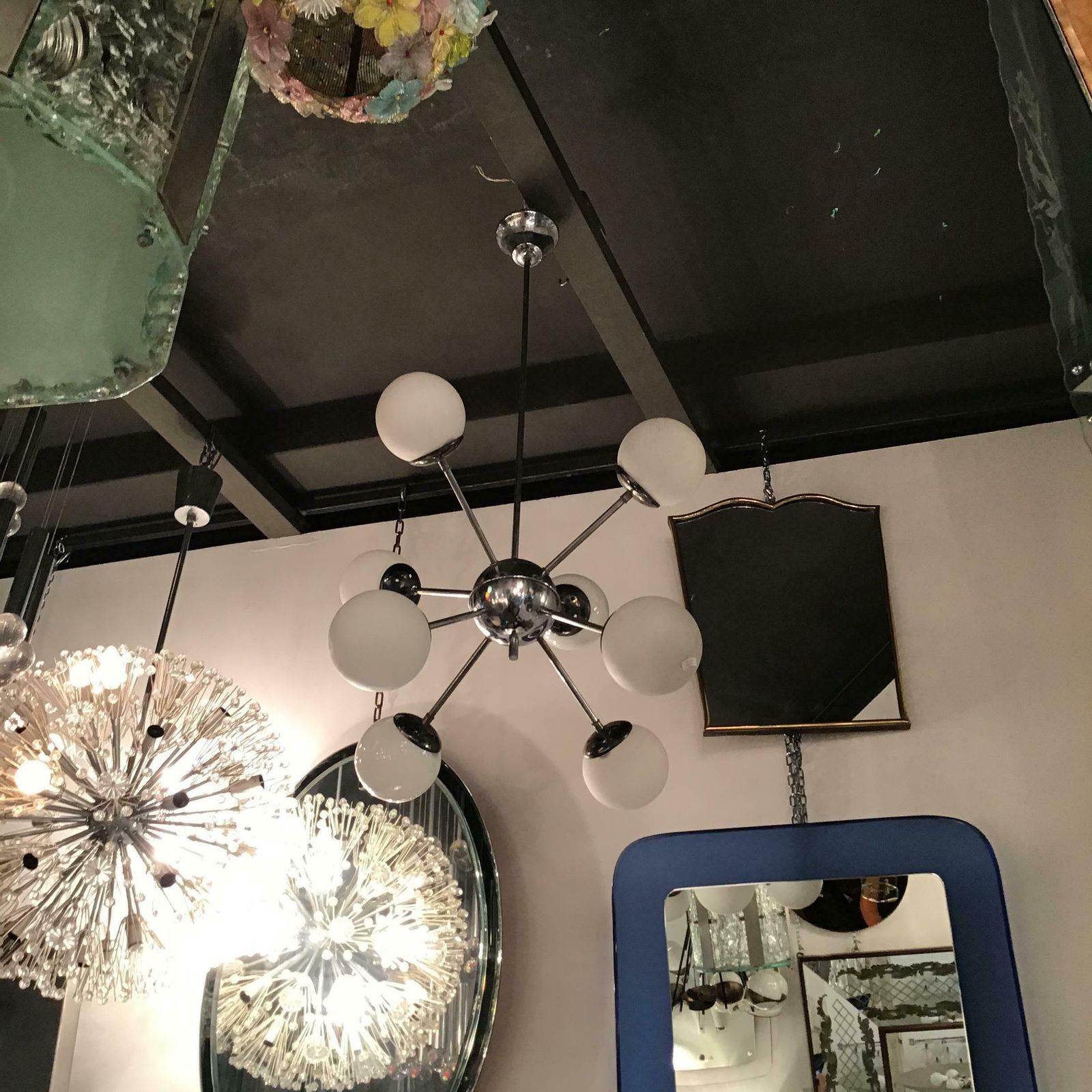 Stilnovo Chandelier 8 Light Metal Crome Opal Glass Or Shiny Glass 1958 Italy photo vintage