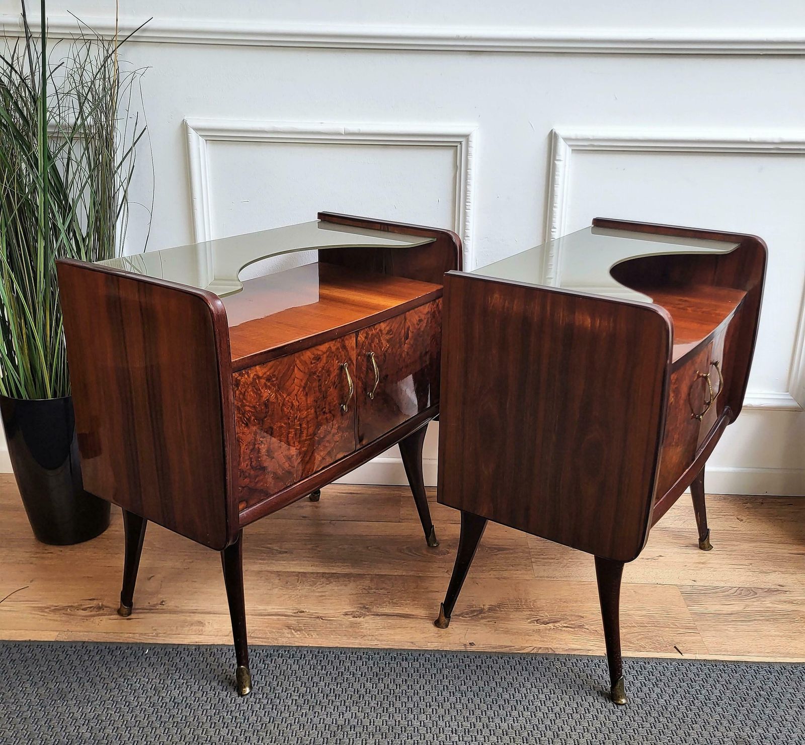 Italian Midcentury Art Deco Night Stands Bedside Tables Wood Brass & Glass photo 1406.0