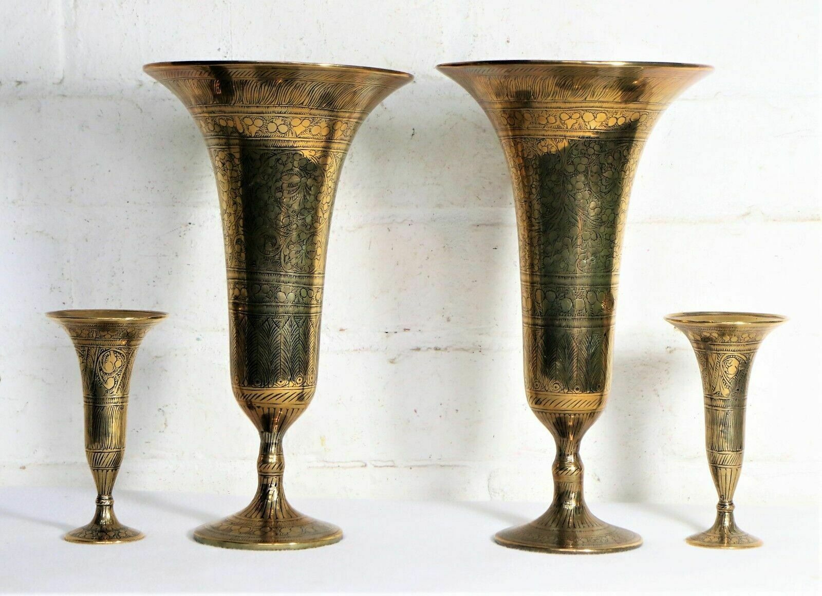 Antique Indian Brass Vases Mixed Set Of 4 Bronze Patina Bells