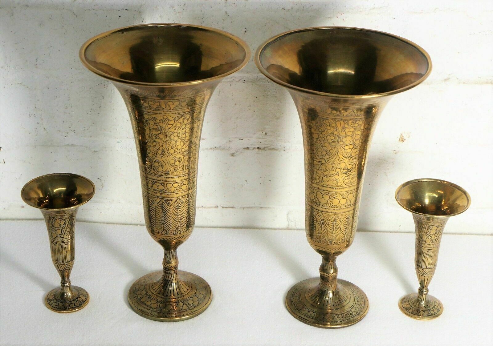 Antique Indian Brass Vases Mixed Set Of 4 Bronze Patina Bells photo furniture