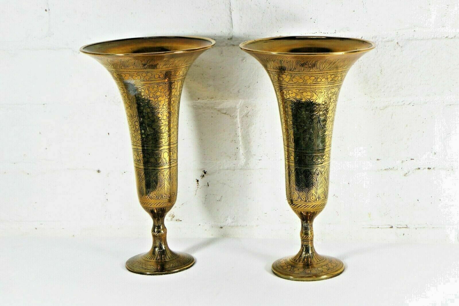 Antique Indian Brass Vases Mixed Set Of 4 Bronze Patina Bells photo vinterior
