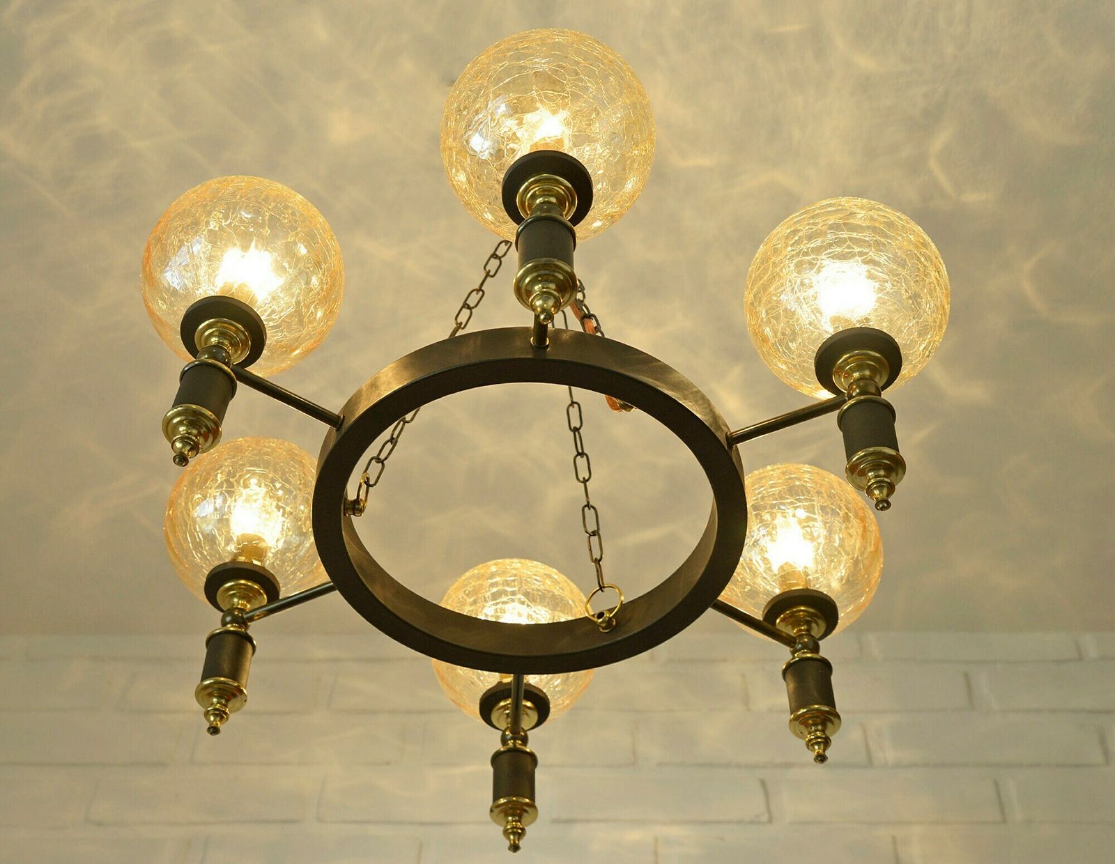 Vintage Castle Chandelier / Rustic Pendant Light / Six Arms Hanging Lamp / Ceiling Light / Yugoslavia 70's / Amber Glass