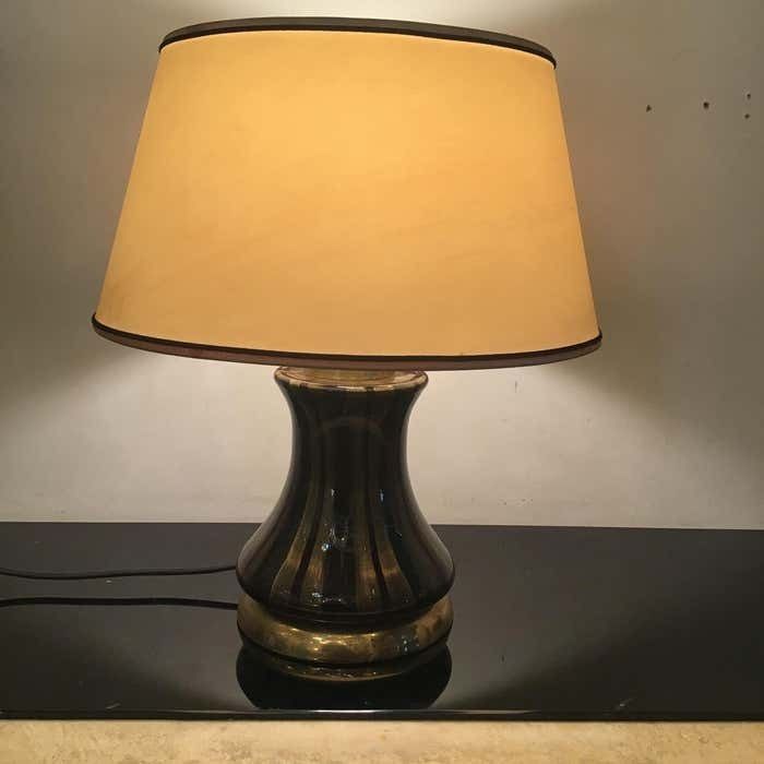 Venini Table Lamp Brass Murano Glass Lampshade Fabric 1950s Italy photo for sale