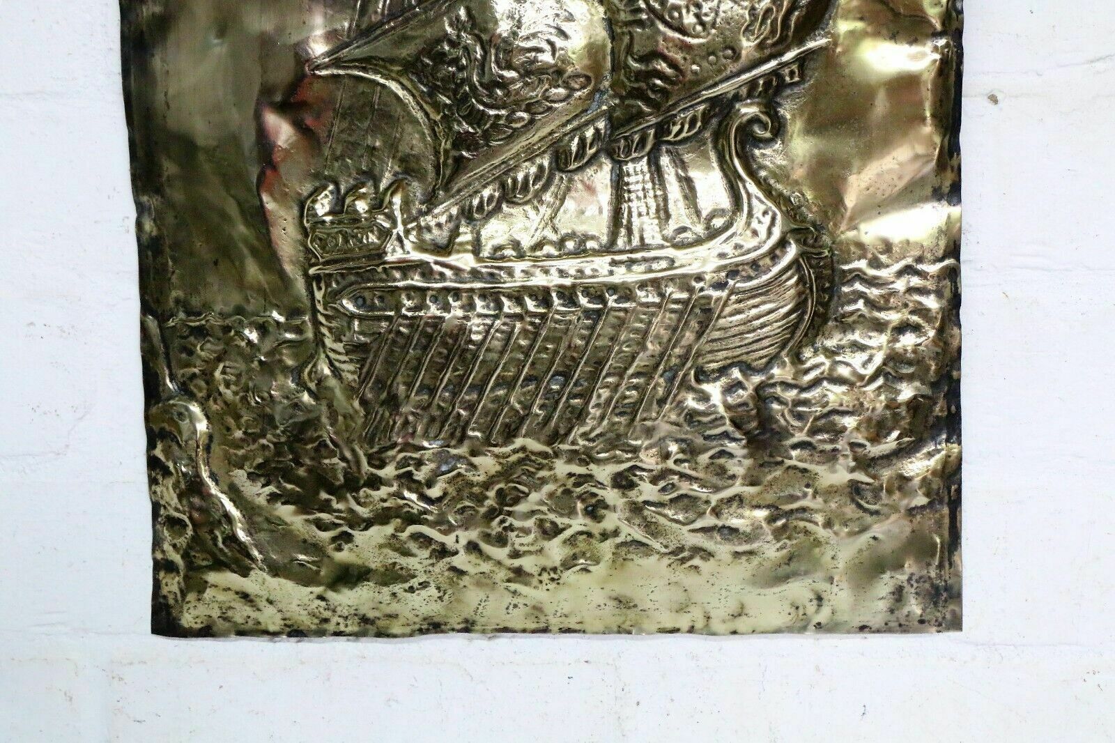Antique Arts And Crafts English Brass Wall Hanging Galleon High Relief Pub Decor photo vintage