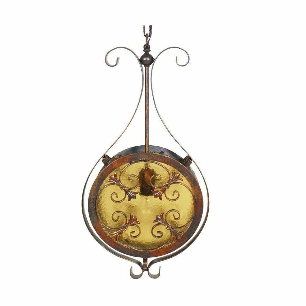 Art Nouveau Pendand Chandelier, Wrought Iron & Bronze Chinchilla Glass Diffuser photo furniture