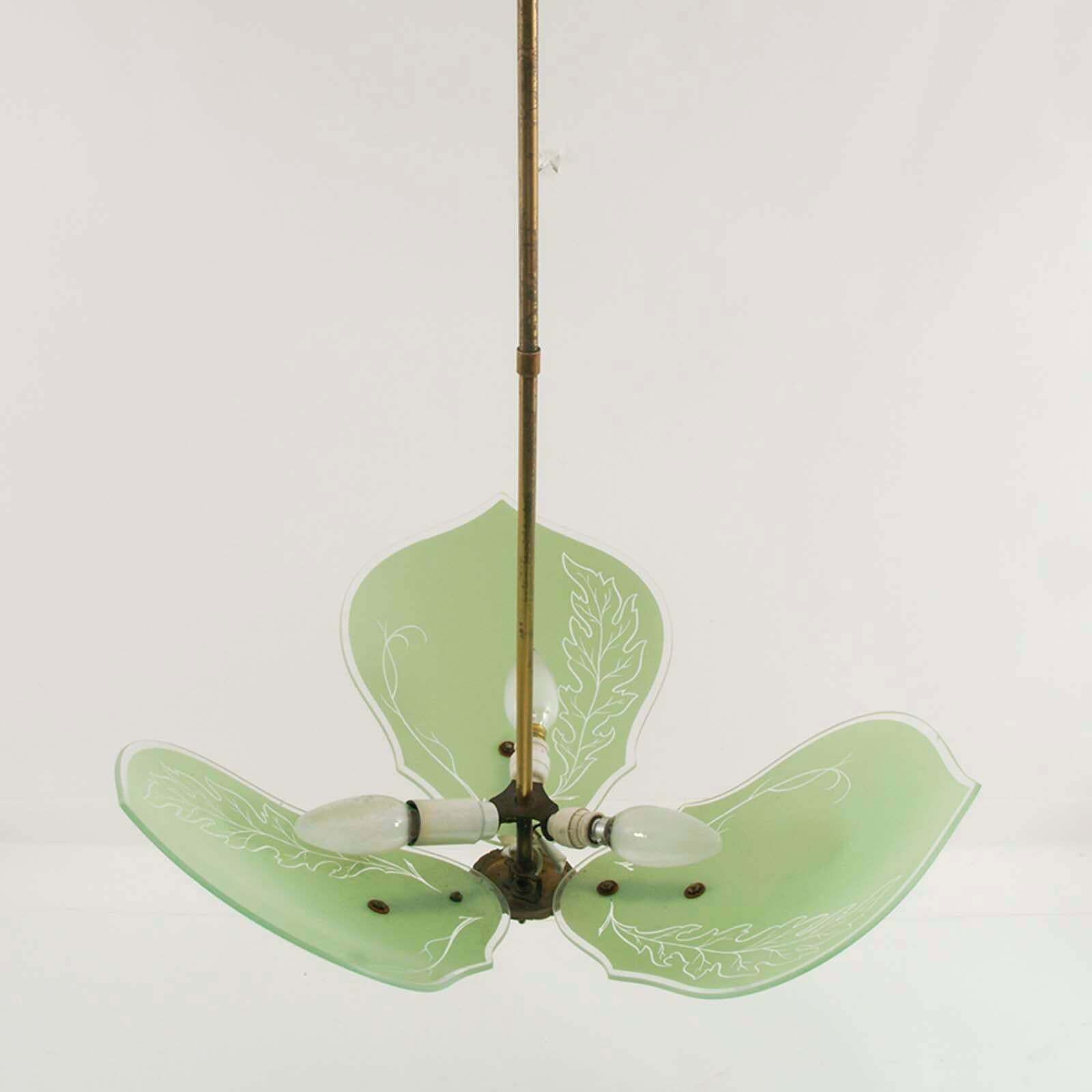 Art Decò 1920s Pendant Chandelier, Murano Glass Green Decored , Gilt Brass photo for sale