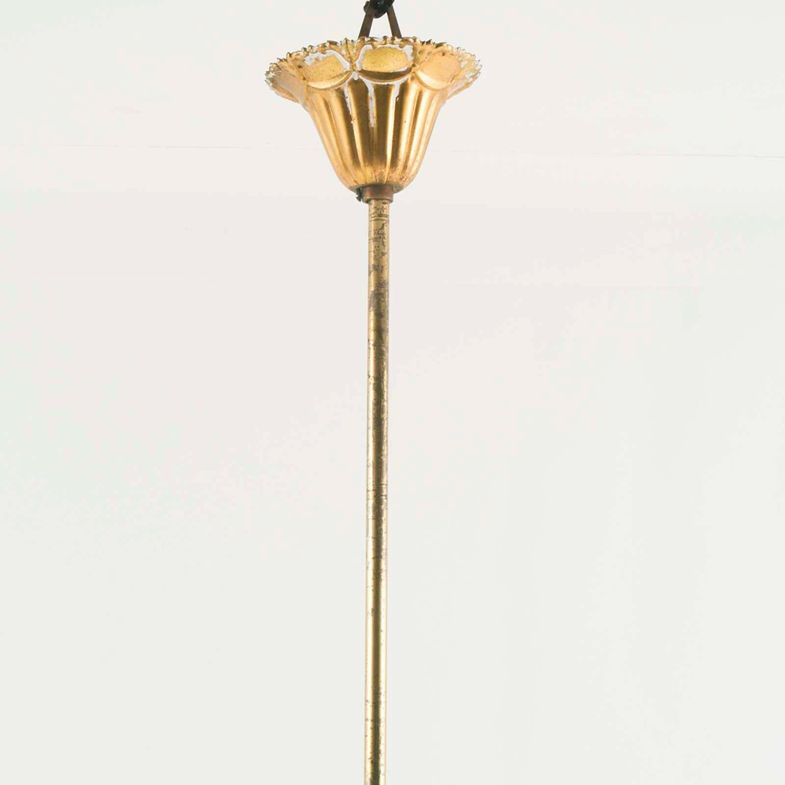 Art Decò 1920s Pendant Chandelier, Murano Glass Green Decored , Gilt Brass photo Lighting