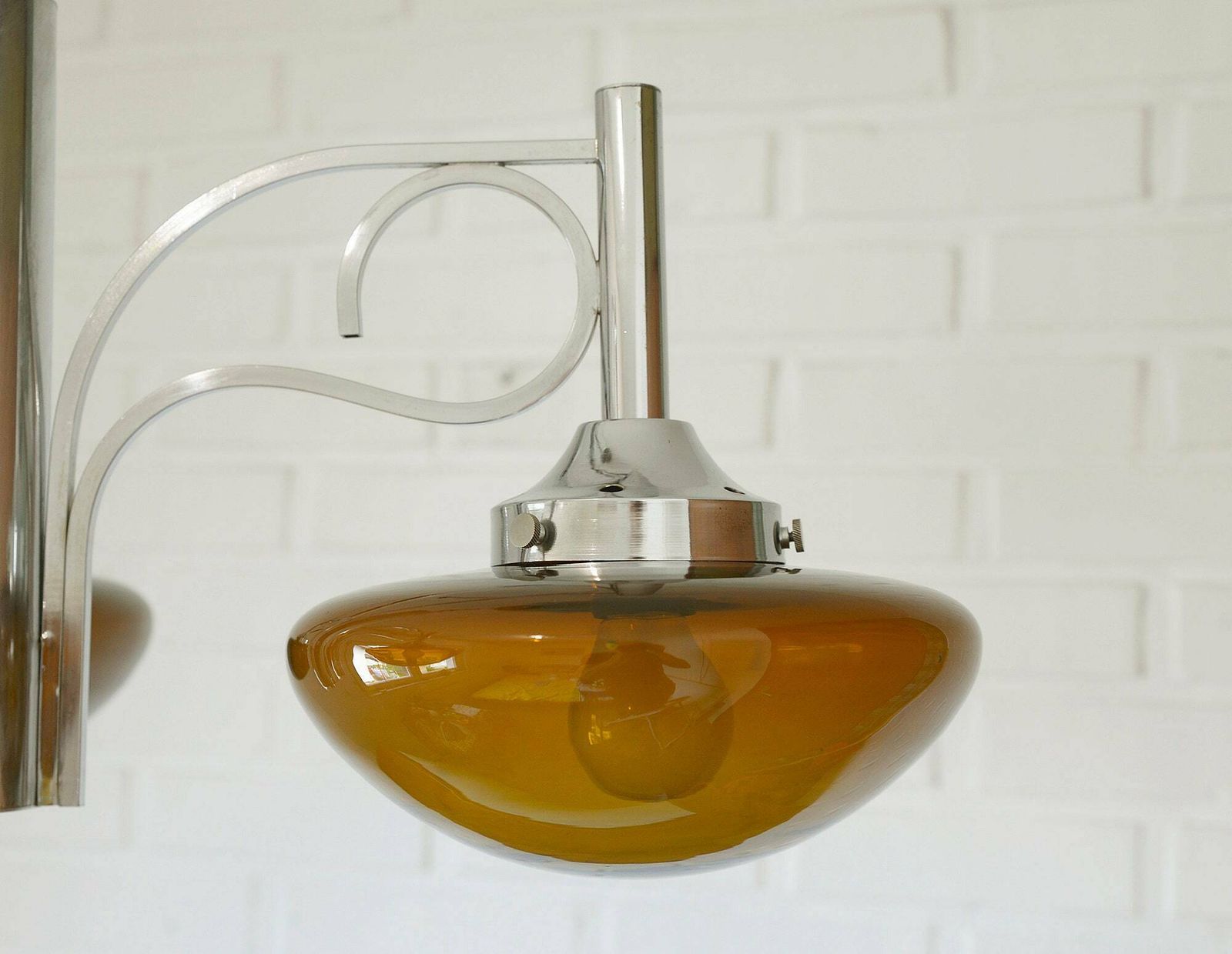 Large Vintage Chandelier / Spage Age / Yugoslavia 1970s / Chrome Pendant Light / Mid Century Modern / Amber Glass / Mcm Light Fixture photo 616.0