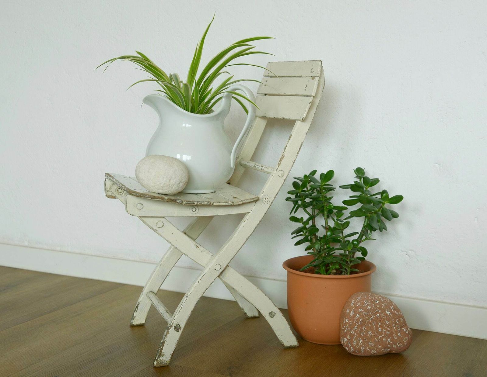 Vintage Wooden Stool / Rustic Folding Chair / Handmade Furniture / White Shabby Chic / Small Wood Stool From Yugoslavia 60's