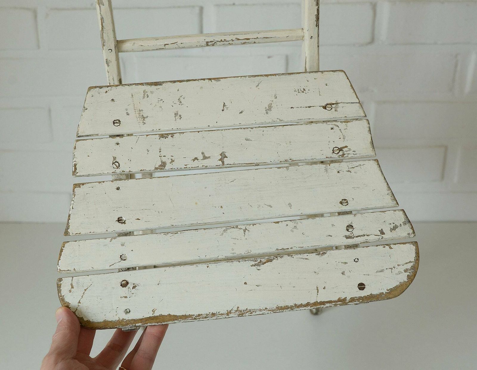 Vintage Wooden Stool / Rustic Folding Chair / Handmade Furniture / White Shabby Chic / Small Wood Stool From Yugoslavia 60's photo buy