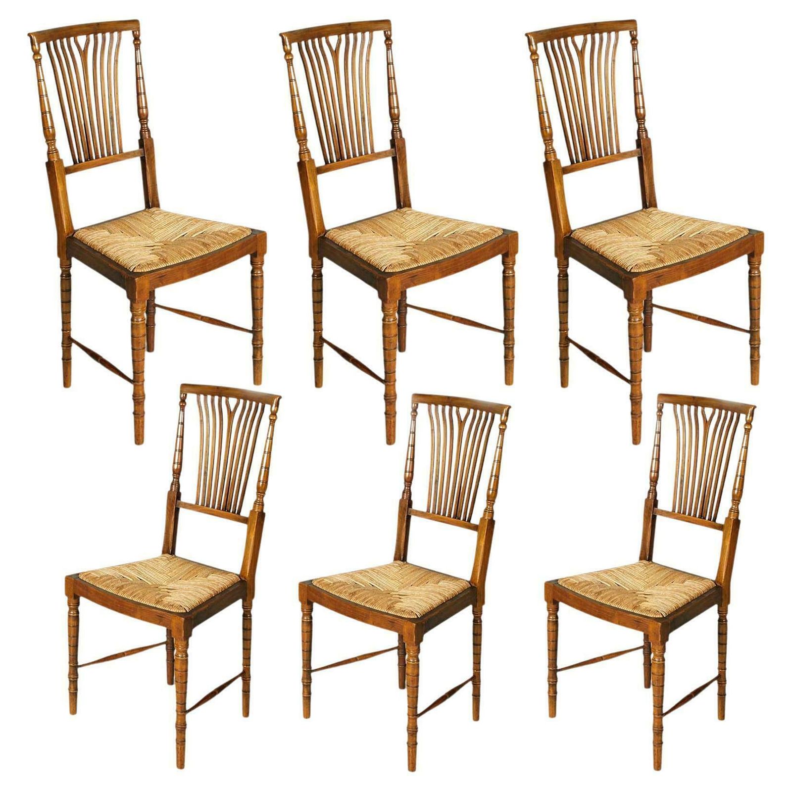 Mid Century 1960s Set Six Chairs Chiavarine By Gaetano Descalzi, Strow Seat