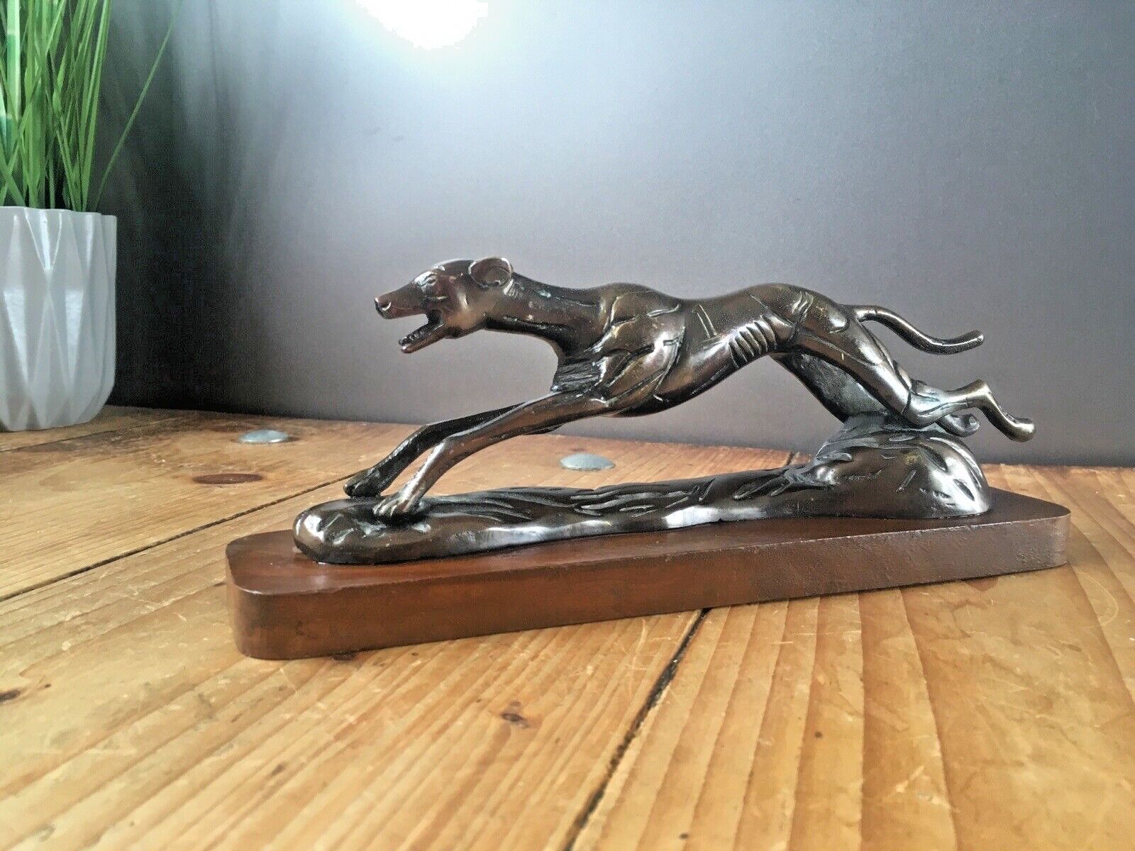 Vintage Bronzed Metal Greyhound Dog Whippet #1 Sculpture On Wooden Plinth Trophy