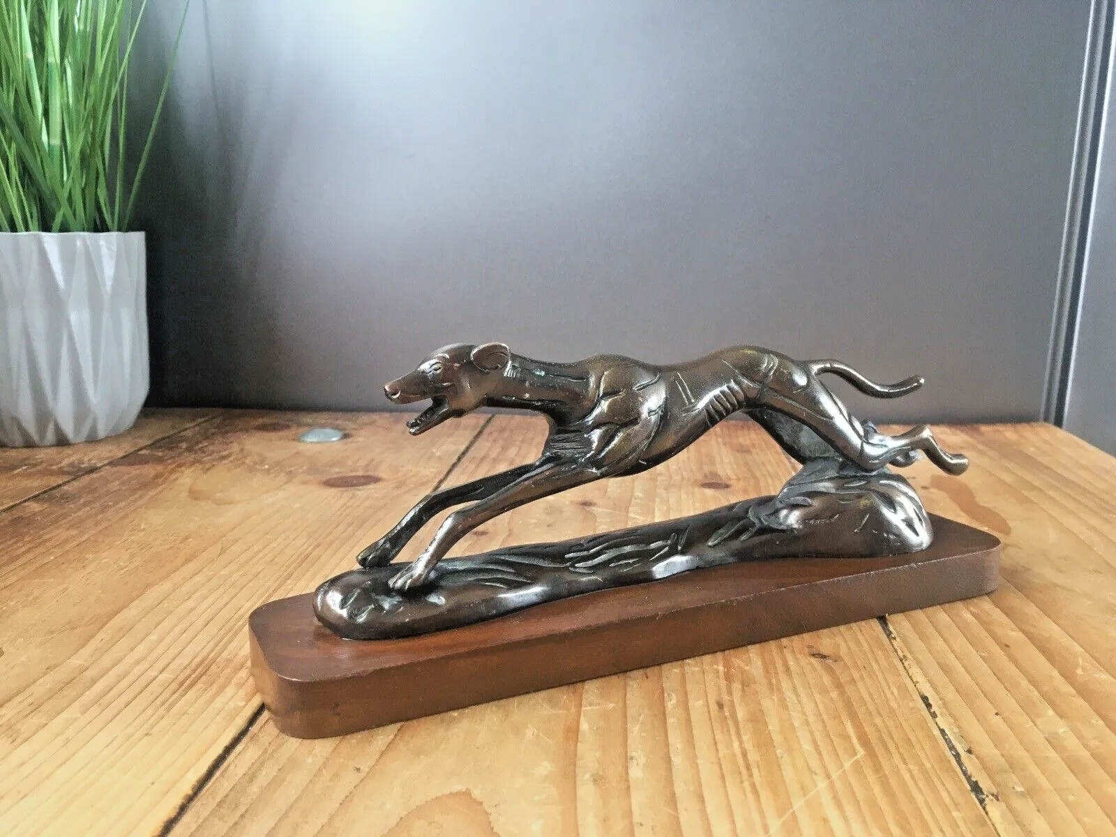Vintage Bronzed Metal Greyhound Dog Whippet #1 Sculpture On Wooden Plinth Trophy photo for sale
