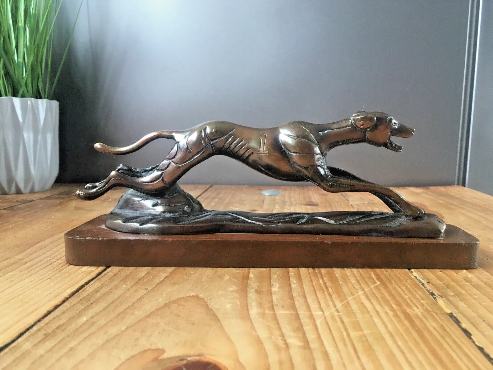 Vintage Bronzed Metal Greyhound Dog Whippet #1 Sculpture On Wooden Plinth Trophy photo 55.0