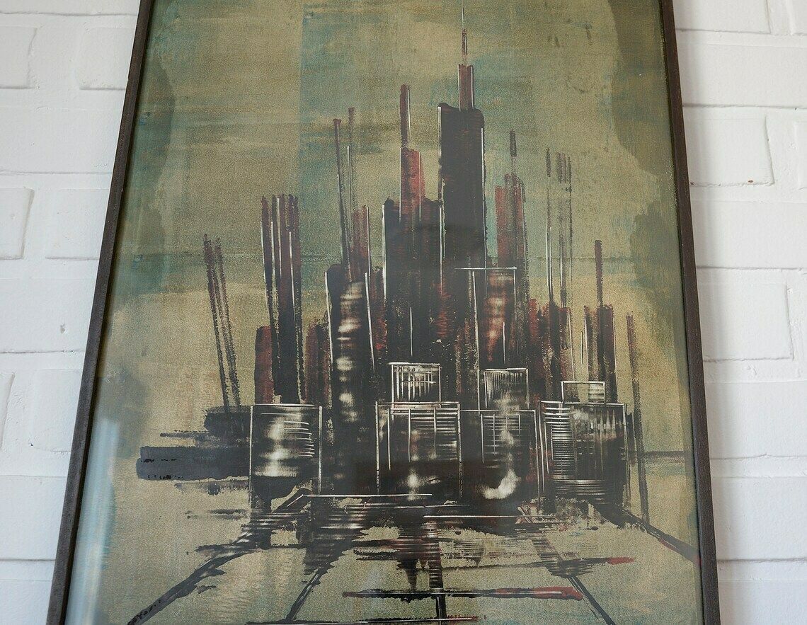 Vintage Abstract Painting Original / Architecture Wall Art / Yugoslavia 1980's / Mid Century Modern photo 282.0