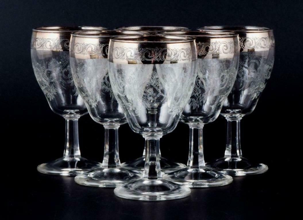 Murano, Italy, Six Mouth Blown And Engraved Port Wine Glasses With Silver Rim photo furniture