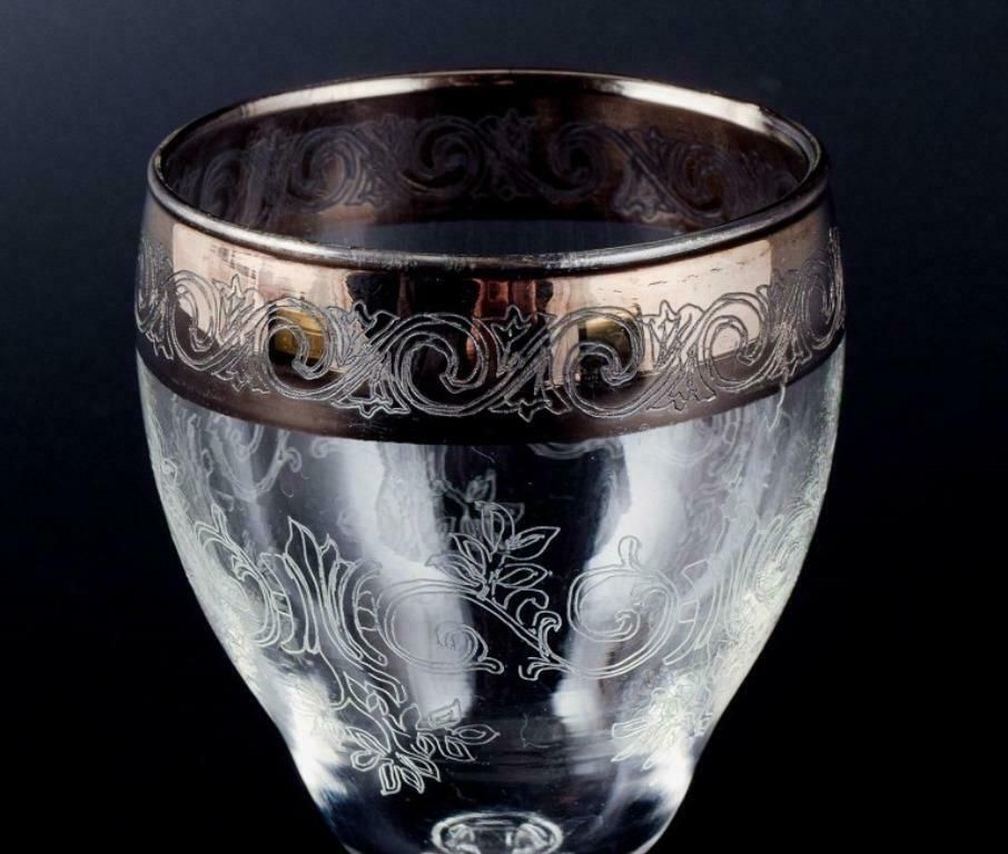 Murano, Italy, Six Mouth Blown And Engraved Port Wine Glasses With Silver Rim photo 296.0