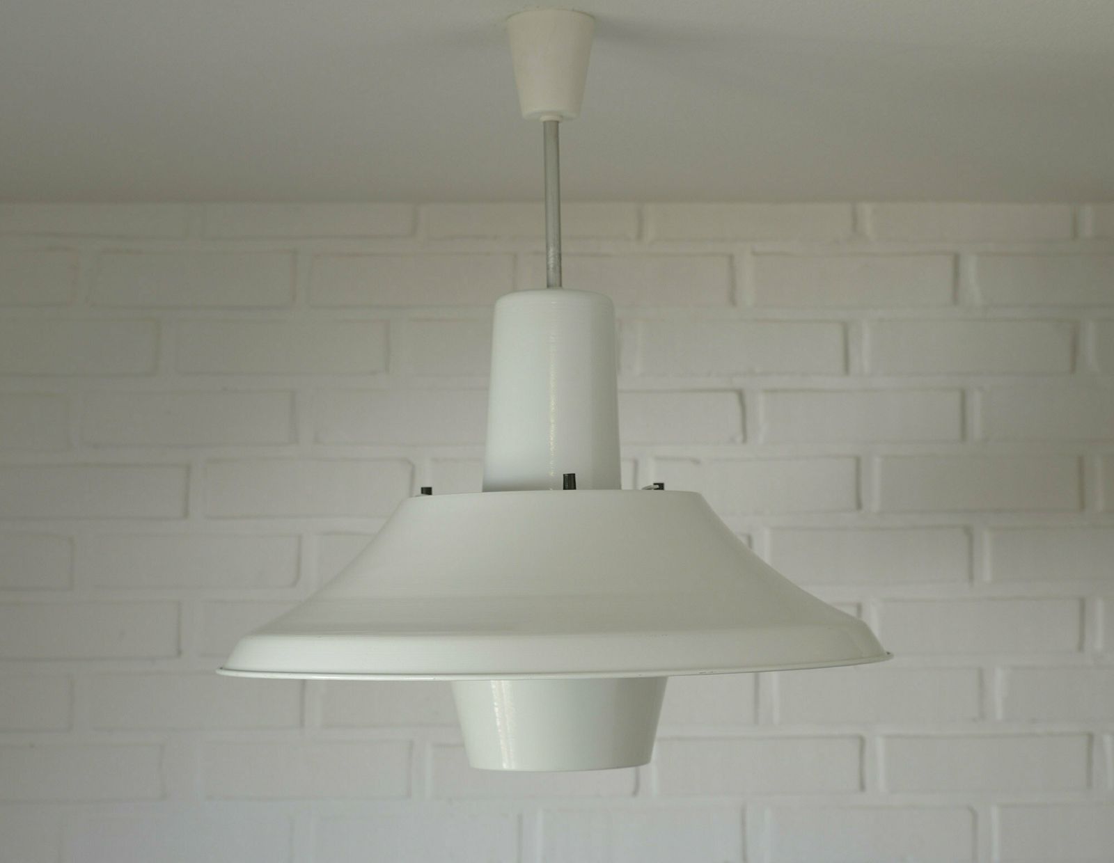 1 Of 2 Vintage Trumpet White Pendant Light / Mid Century Modern / Industrial School Chandelier / Made In Yugoslavia 70's photo Lighting