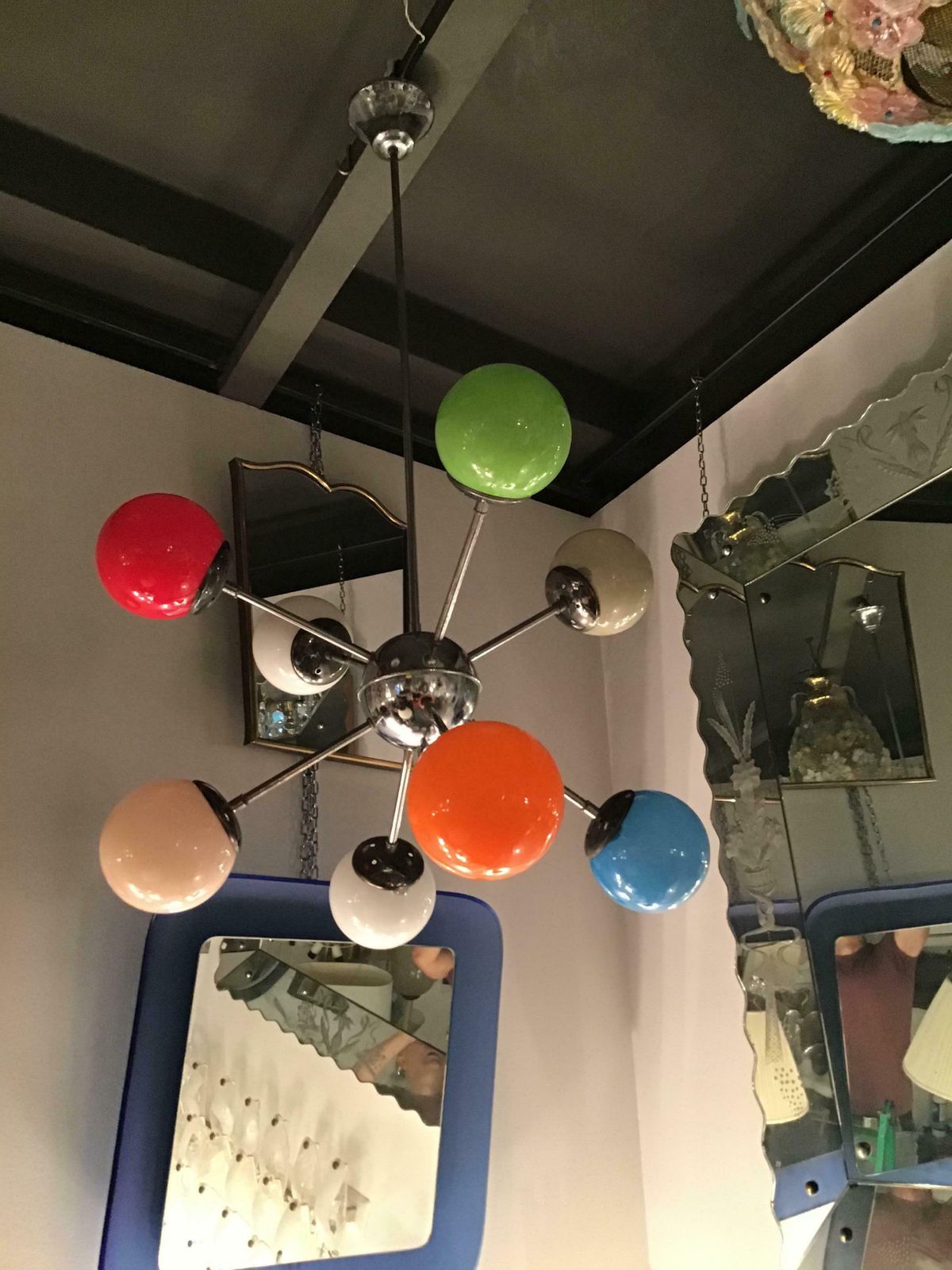 photo vinterior Stilnovo Chandelier 8 Light Metal Crome Opal Glass Or Shiny Glass 1958 Italy