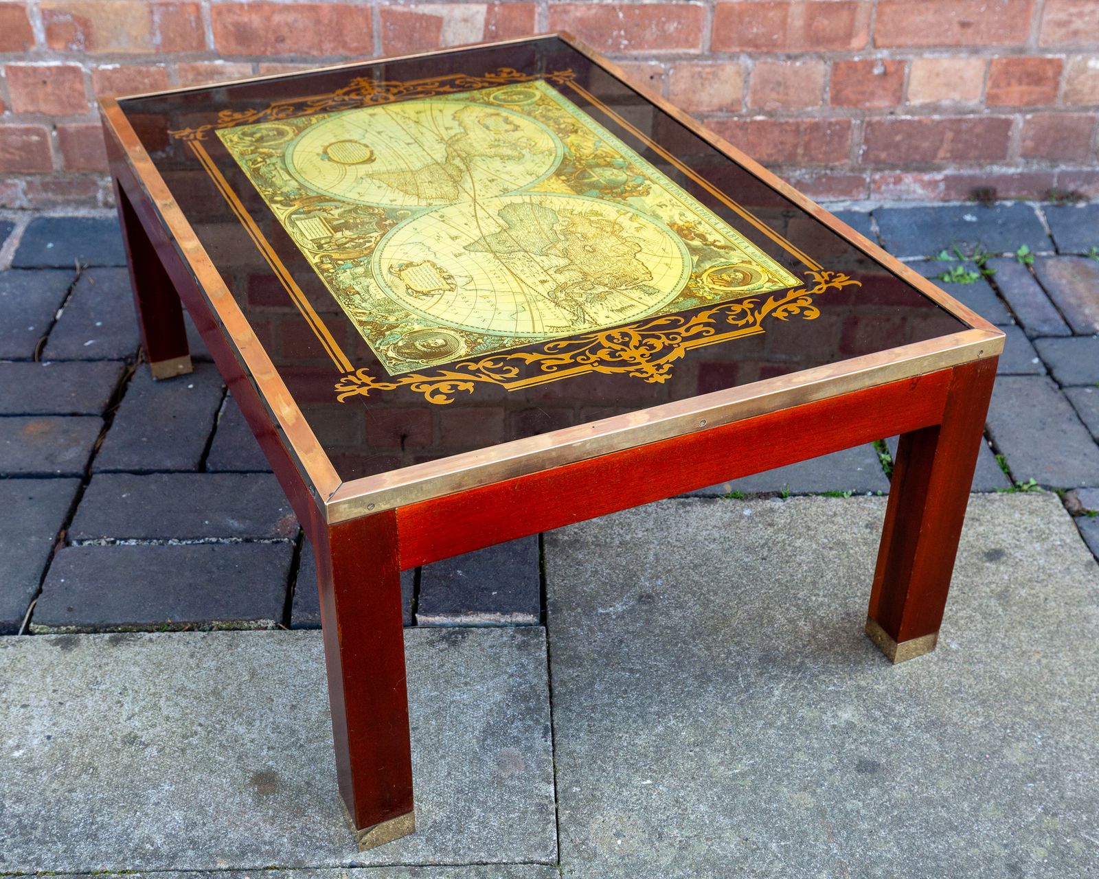 World Map Coffee Table Large Campaign Style Mid Century Atlas Glass Brass Mahogany Military Mcm 1960s photo vinterior