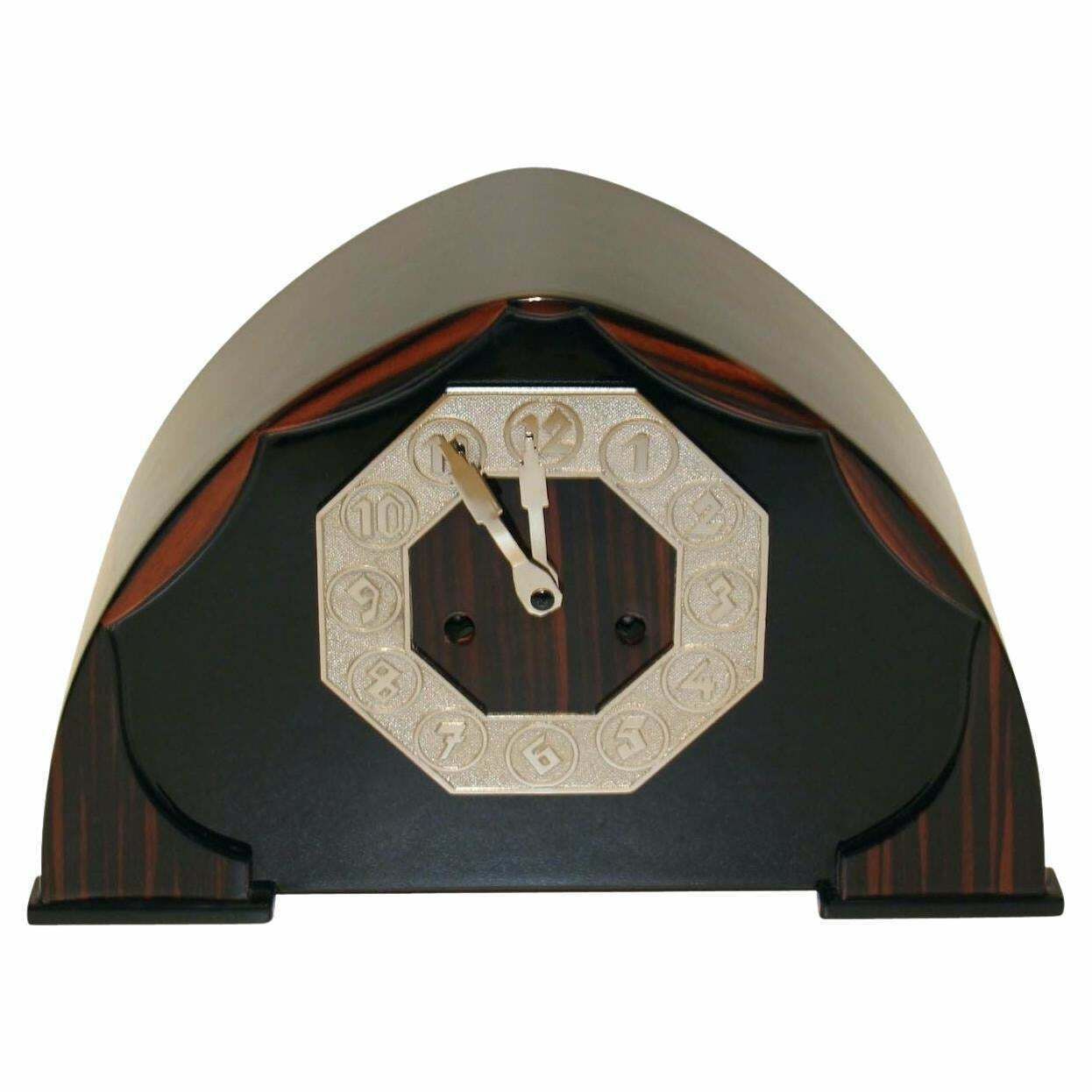 Art Deco Table Clock, Makassar And Nickel, Netherlands, Circa 1925
