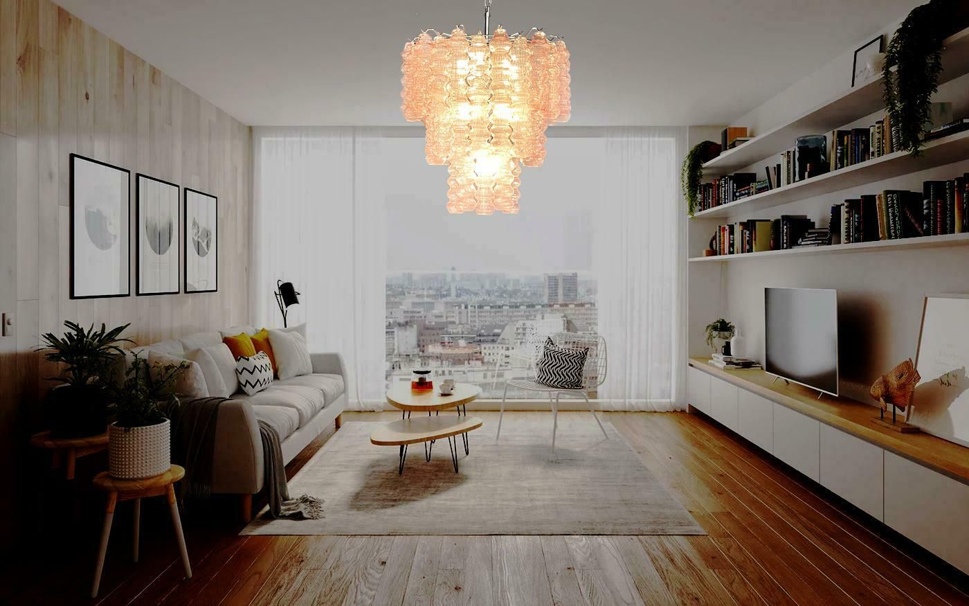 photo furniture Three Tier Murano Glass Tube Chandelier, 48 Pink Glasses