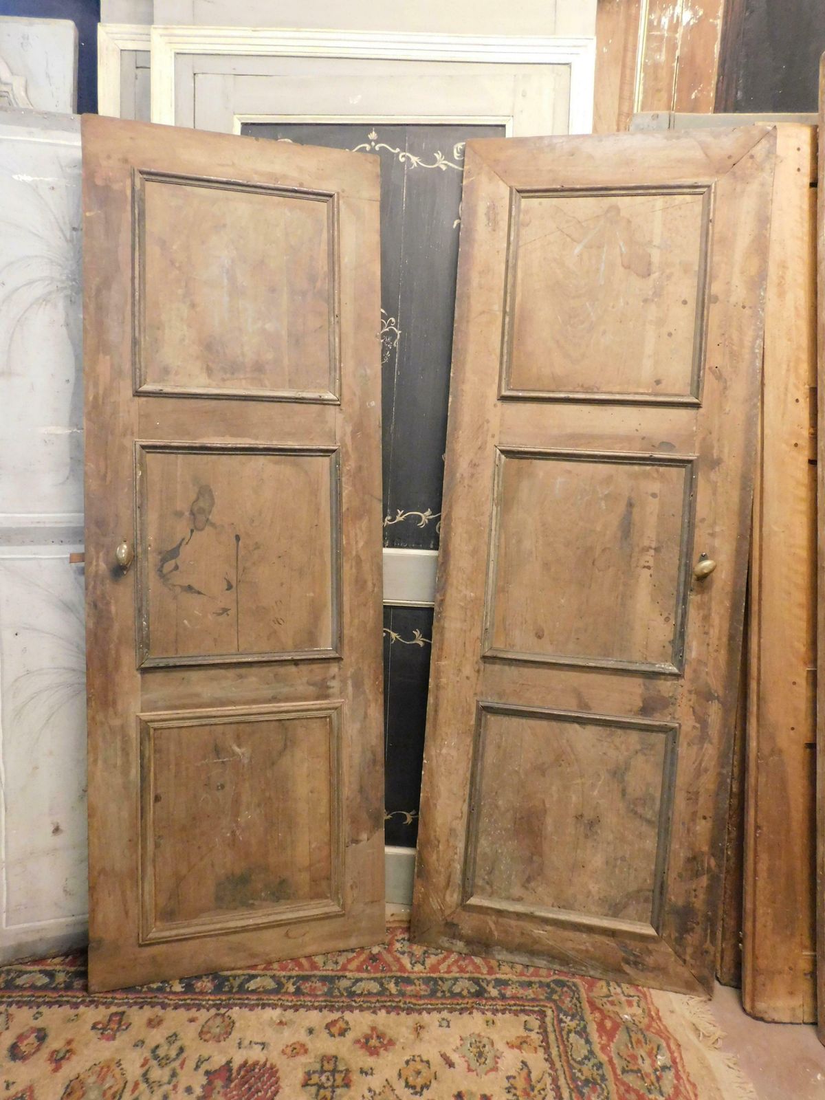 Set Of 2 Walnut Wood Panelled Doors, 18th Century Italy photo vinterior