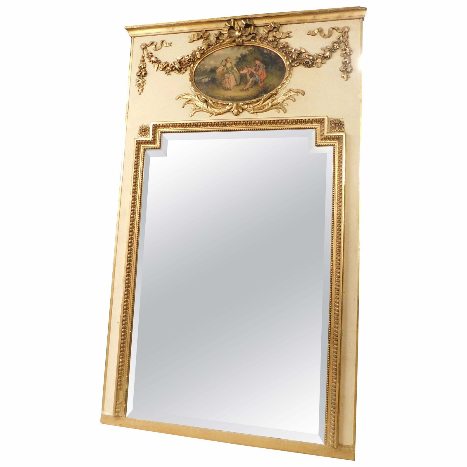Antique Gilded And Hand Lacquered Mirror, With Painting, 19th Century, Italy.
