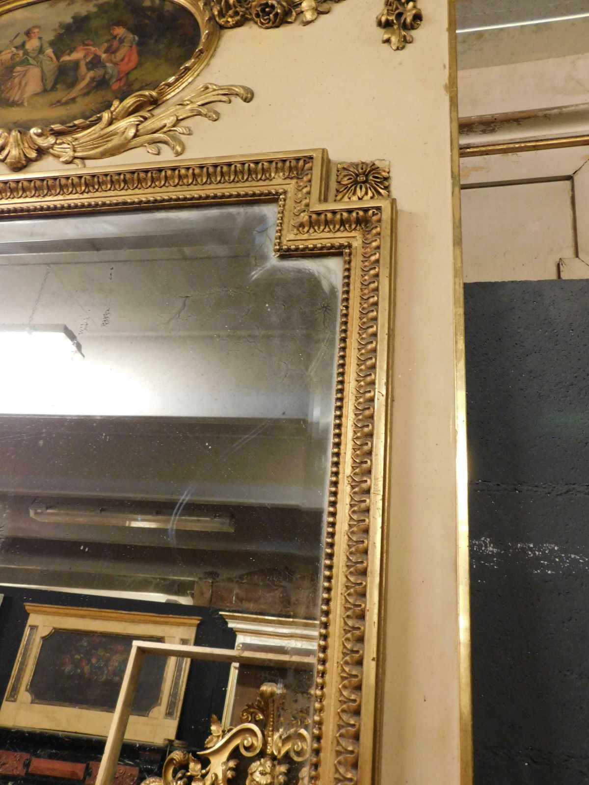 Antique Gilded And Hand Lacquered Mirror, With Painting, 19th Century, Italy. photo for sale